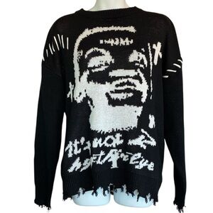 Intarsia Black and White Graphic Sweater, distressed details. XL